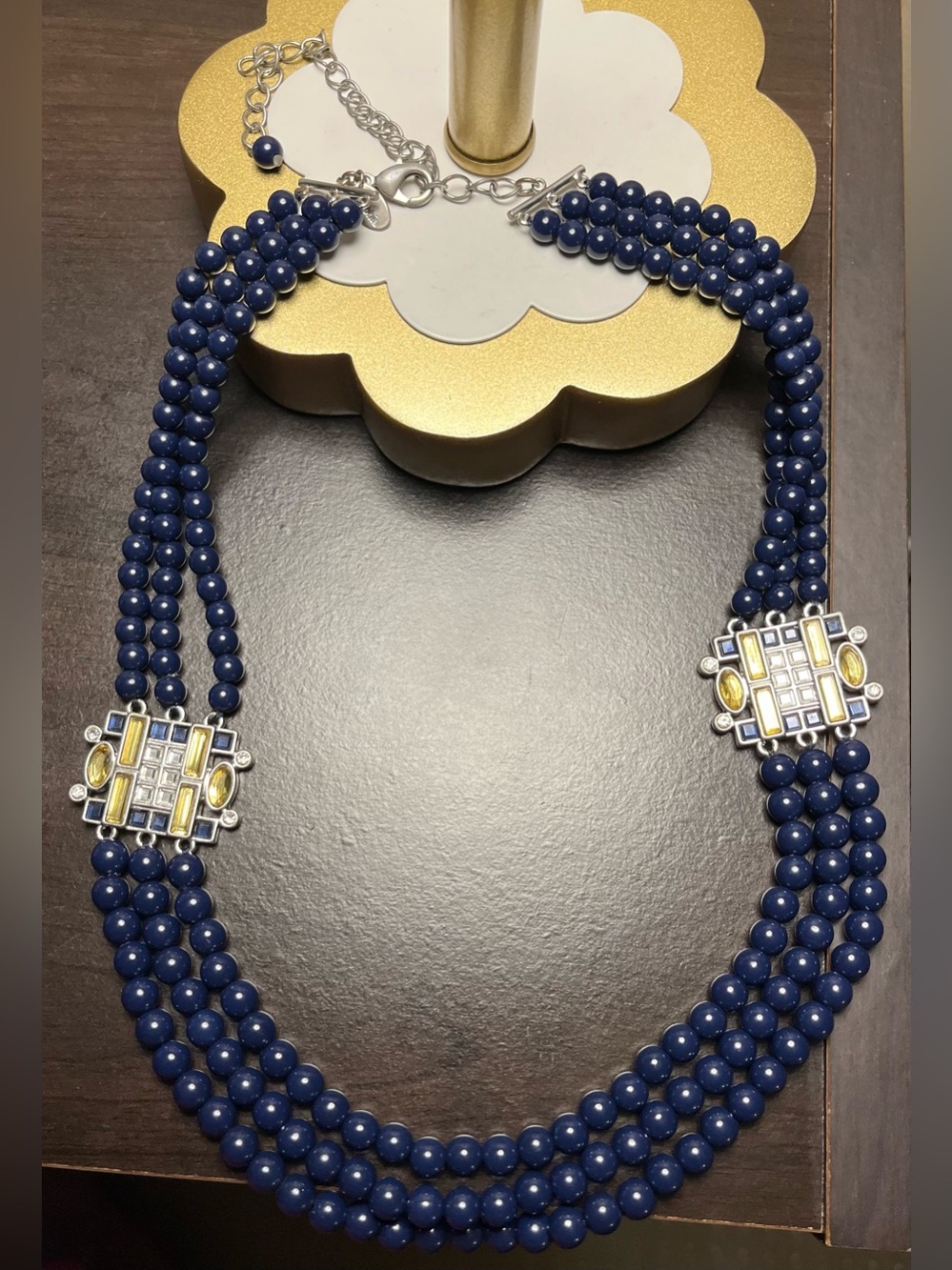 Lia Sophia Lens Flare Blue Beaded Three Strand Rhinestone Necklace EUC